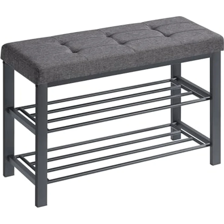 SONGMICS Schuhbank, Schuhregal mit 3 Ebenen, Schuhaufbewahrung, Sitz mit Schaumstoffpolsterung, Leinen, Metallrahmen, für Wohnzimmer Eingangsbereich, 31 x 81 x 49 cm, dunkelgrau-schwarz LBS057B01 – Bild 1