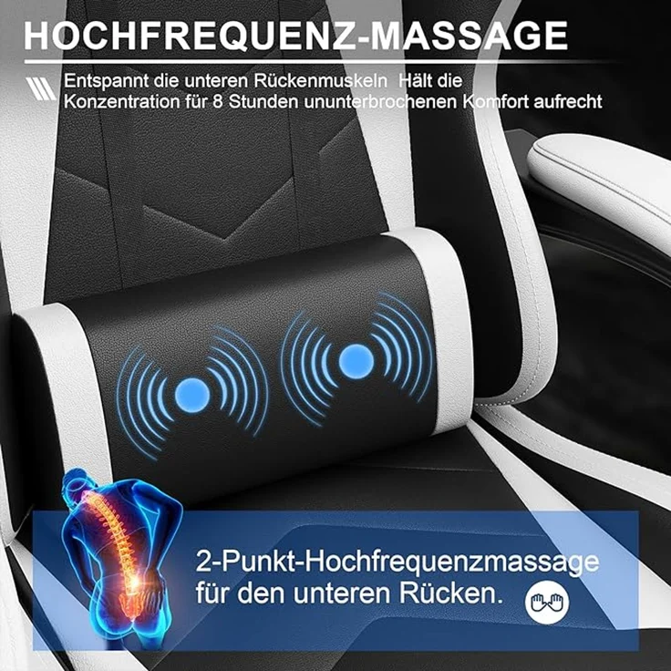 Devoko Massage Gaming Stuhl, Computer Bürostuhl mit Fußstütze, Racing Gamer Stuhl 150kg Belastbarkeit, 90-135° Rückenlehne einstellbar Ergonomischer PC Stuhl, 360° drehbar, Weiß – Bild 4