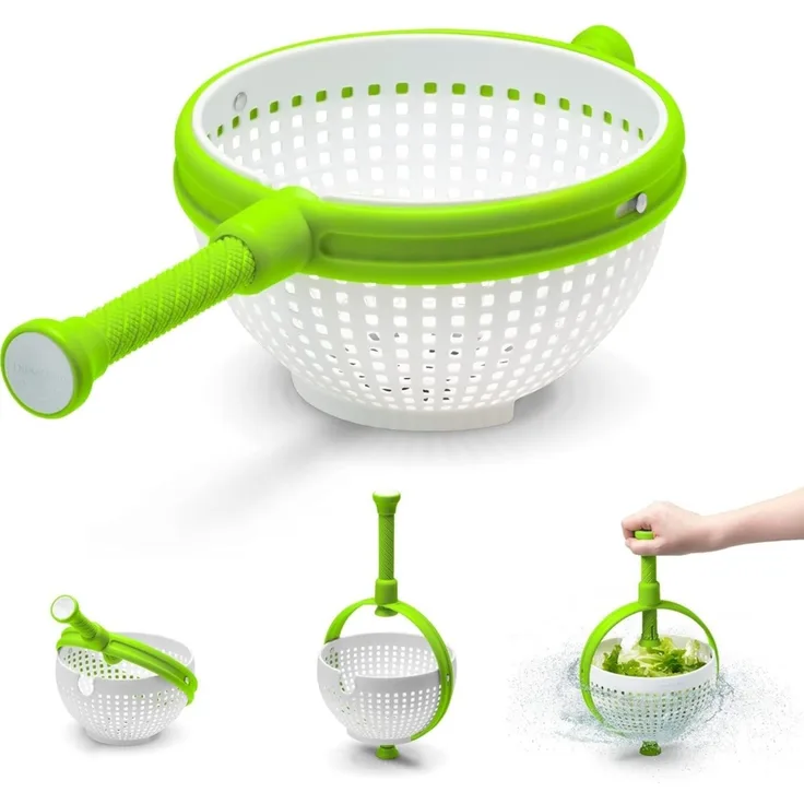 DELIPOP – 2 in 1 Passiersieb und Salatschleuder, BPA frei, Zum Schleudern von Salaten, Gemüse, Beeren, Trauben, Nudeln - 11,2x21,7x30,5cm - Weiß+Grün