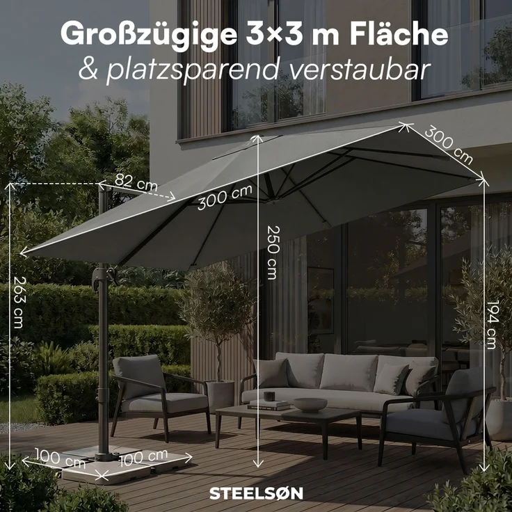 STEELSØN 'Elaris' Premium Sonnenschirm 300x300 cm quadratisch, neigbar und 360-Grad drehbar, anthrazit, Ampelschirm inkl. Hülle, extrem robuste Metall-Stange, 220 g/m² Polyester, UV50+ – Bild 9