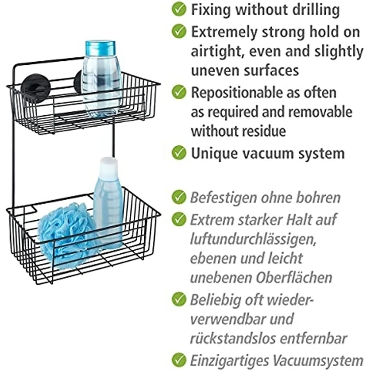 WENKO Duschregal Vacuum-Loc® Wandregal 2 Etagen Bari Schwarz, 2 Etagen – Bild 4