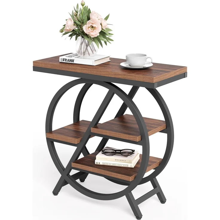 Beistelltisch, schmaler Beistelltisch mit 4 Ebenen großem Stauraum, moderner Nachttisch für Wohnzimmer, Homeoffice, Schlafzimmer, Braun – Bild 1