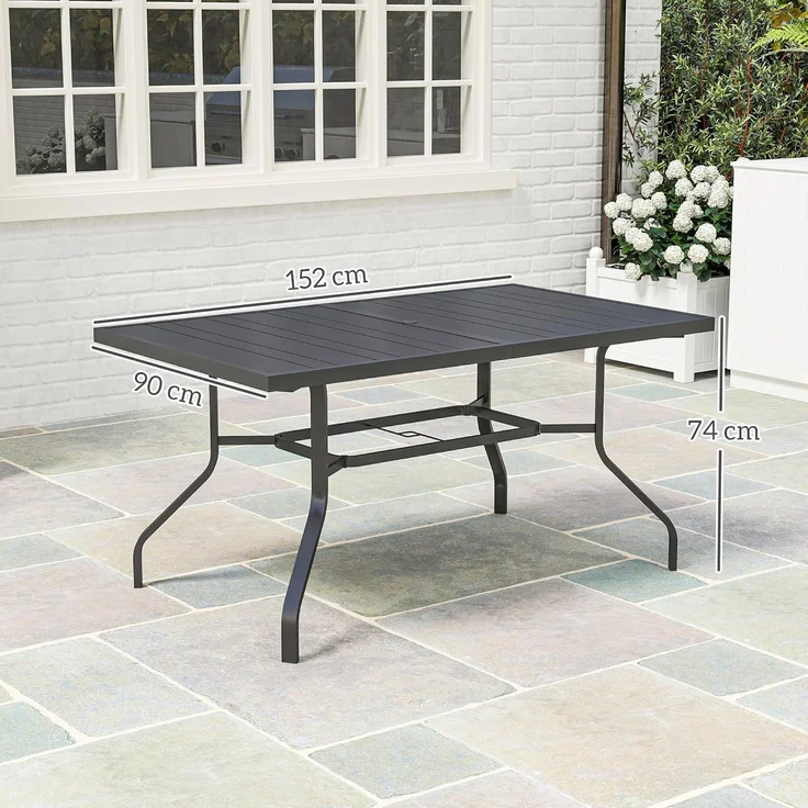 Outsunny Gartentisch mit Schirmloch, Latten-Design (wetterfest Balkontisch, 1-St, rechteckig Beistelltisch), 152 x 90 cm, für Garten, Balkon, Schwarz – Bild 3