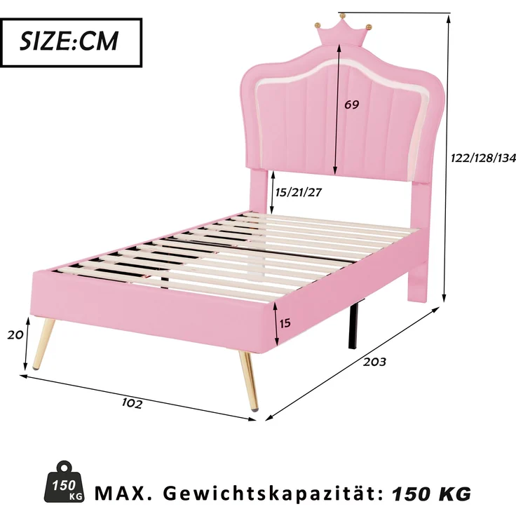 Bett 90x200 cm aus PU-Kunstleder mit LED-Leiste und verstellbarem Kopfteil – kindgerechtes Design in Pink – Bild 6