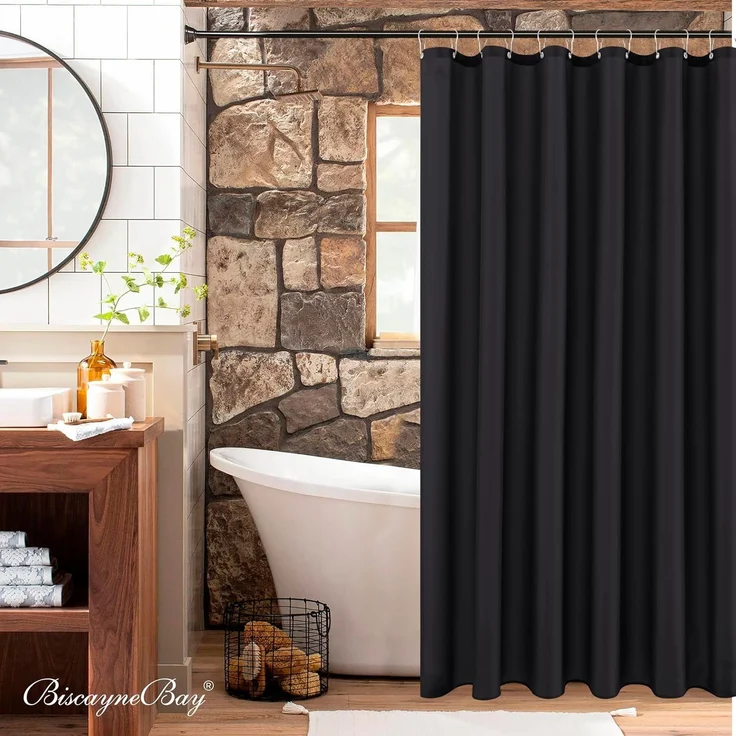 Stoff Duschvorhang 183 × 183 cm Schwarz, Hotelqualität, Wasserabweisend, Rostfreie Ösen, Waschbar – Bild 2