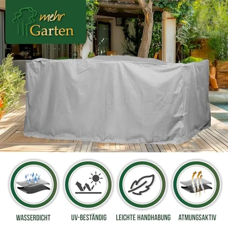 Mehr Garten Premium Protect Abdeckung für rechteckige Sitzgruppe, 250x200x94 cm, hellgrau, wasserdicht und UV-beständig, atmungsaktives 2-lagiges Polyestergewebe – Bild 3