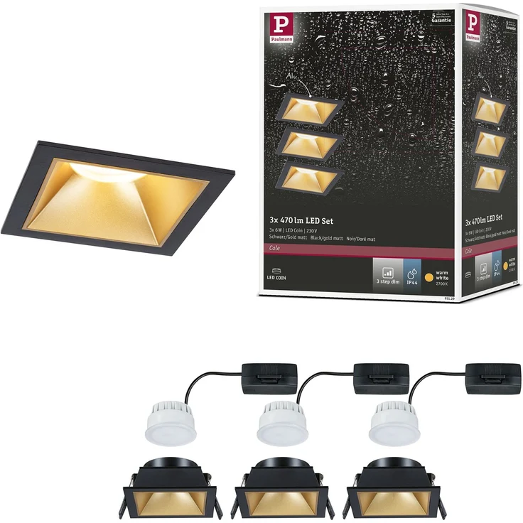 LED Einbauleuchte 3-Step-Dim Cole Coin 3er-Set IP44 eckig 88x88mm Coin 3x6W 3x470lm 230V dimmbar 2700K Schwarz, Gold matt – Bild 7