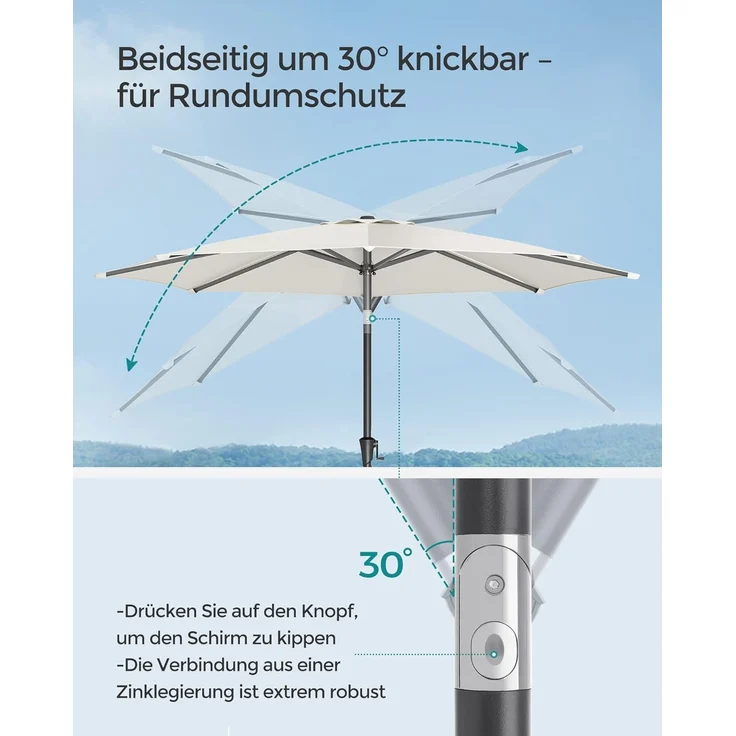 SONGMICS Sonnenschirm 340 cm, UPF 50+, Strandschirm, beidseitig um 30° knickbar, Sonnenschutz, mit Kurbel zum Öffnen/Schließen, für Terrasse, Balkon, Pool, ohne Ständer, beige GPU045M01 – Bild 4
