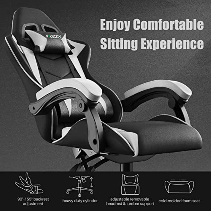 bigzzia Gaming Stuhl Ergonomisch Gaming Chair mit Lendenkissen und Kopfstütze, Gamer Stuhl Höhenverstellbar, Pc Stuhl für Erwachsene Mädchen Junge, Schwarz – Bild 5