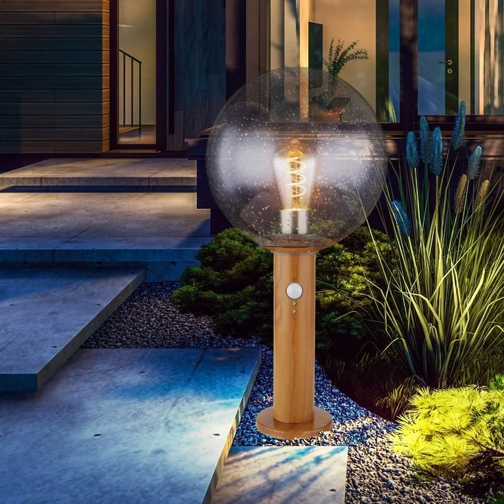 Sockelleuchte, Glaskugel, Holzoptik, Bewegungsmelder, H 38 cm – Bild 2