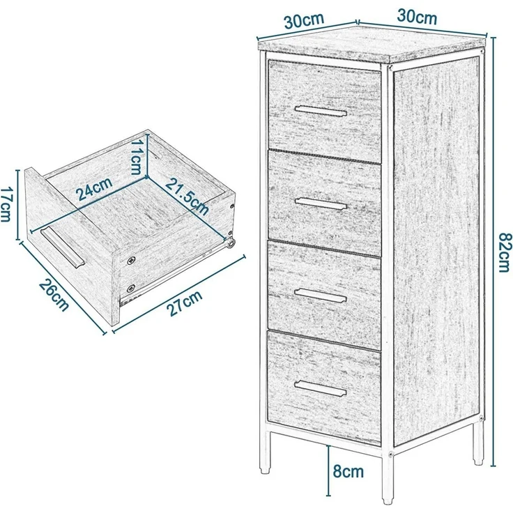 EUGAD Hochschrank (1-St) mit 4 Schubladen aus Metall + Holzwerkstoff, 30x82x30 cm – Bild 2