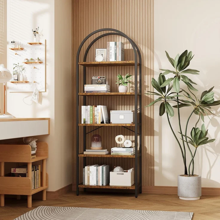 GarveeLife Bücherregal mit 5 Ebenen, 60 x 28 x 180 cm, Industrielles Gebogenes Bücherregal mit Offenen Regalen für Zuhause, Büro, Wohnzimmer, Schlafzimmer, braun