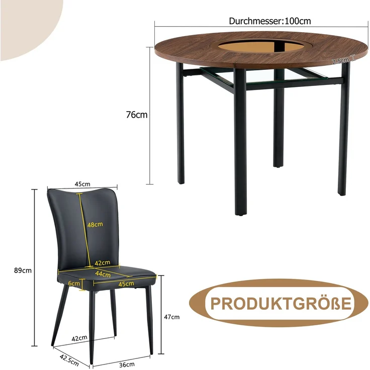 Esstisch-Set rund 100 cm Braun/Schwarz mit Glasablage, MDF-Tischplatte und PU-Stühlen – Bild 3