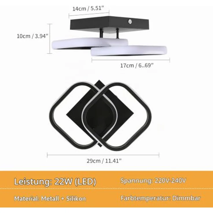 Goeco LED Deckenleuchte Innen 22W 3000K/4500K/6500K, Schwarz – Bild 3
