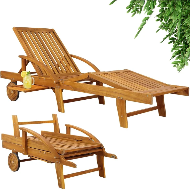 Casaria® Sonnenliege Holz Klappbar 160kg Belastbarkeit Räder Tisch Fuß- und Rückenteil variierbar Ablage Garten Balkon Terrasse Gartenliege Akazie