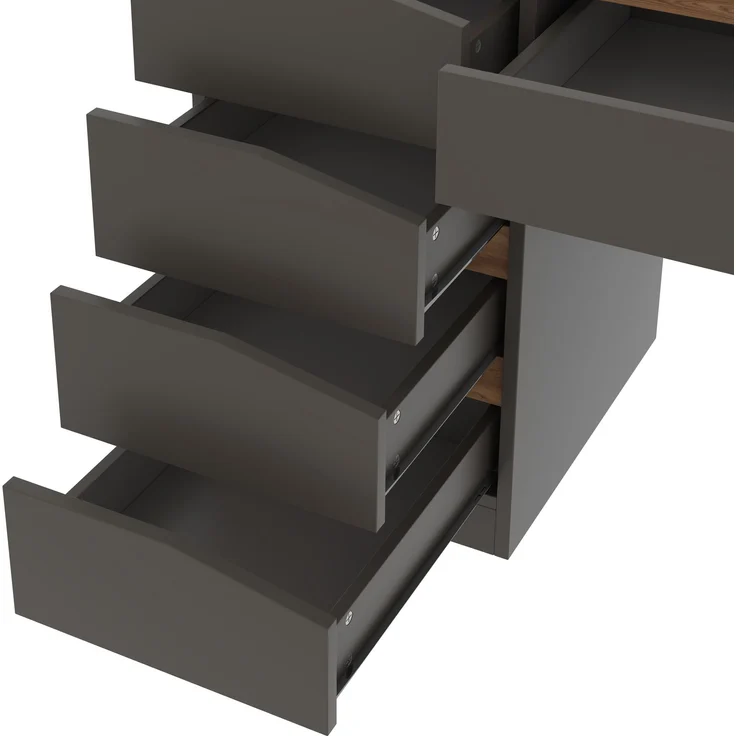 ZUBALIYA Schreibtisch 140x50 cm mit 5 Schubladen, Grau /Eiche-Optik, Moderner Computertisch mit extra großer Arbeitsfläche, Schminktisch mit Stauraum, Bürotisch für Homeoffice, Schlafzimmer und Arbeitszimmer – Bild 11
