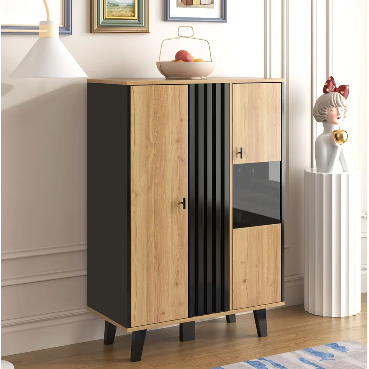 DESVIAE Vitrine mit Glastüren und LED-Beleuchtung, 80x120x40 cm, Spanplatte, Schwarz und Holzoptik – Bild 2