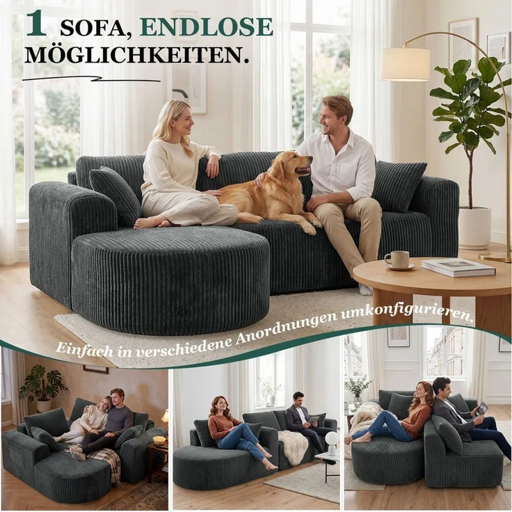 COMHOMA Sofa Ecksofa mit Schlaffunktion, Corduroy Modulares Boneless Couch, mit Chaiselongue, L-Form Schlafsofa, Sektionssofas mit Kissen & Seitentaschen – Bild 4
