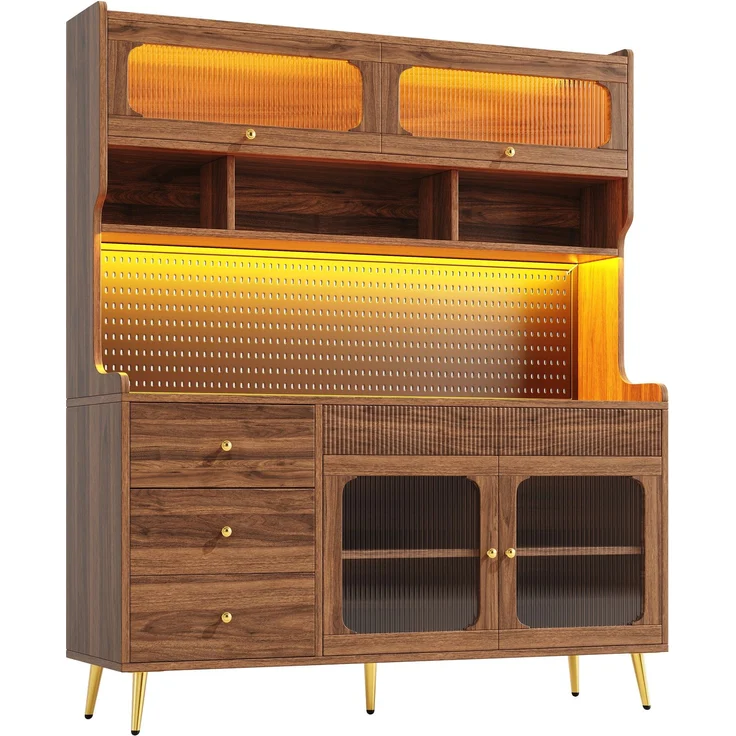 ZUBALIYA LED-Küchenschrank 145x39x171 cm, mit App-Steuerung, mit Stauraum, MDF/Glas, Nussbaum – Bild 11