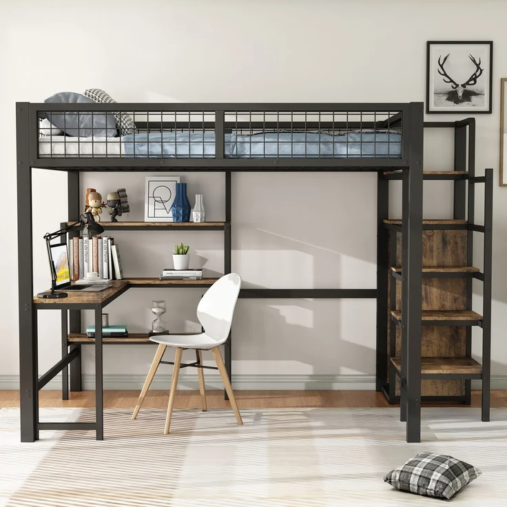 Hochbett, 140*200 cm, Eisenbett, Ablageleiter, mehrere Regale, Ohne Matratze, Einbauschrank, Schreibtisch, schwarz – Bild 3