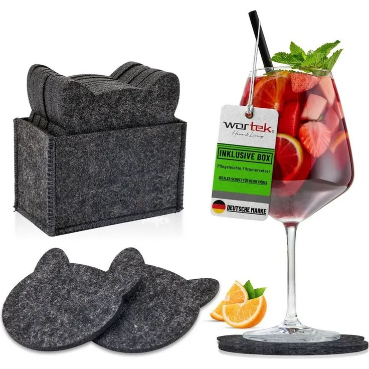 wortek Getränkeuntersetzer Filz-Untersetzer Katze für Gläser 10er Set + Box, Zubehör für Tisch & Gläser, Set, 10-tlg, waschbare Getränke Glasuntersetzer Gläser, Tischuntersetzer Filz 10 cm