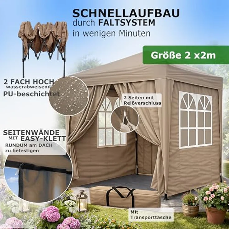 QUICK STAR Faltpavillon 2 x 2 m Braunbeige, mit 4 Easy-Klett Seitenwänden (2 Reißverschlüsse, 2 Fenster), Pop Up faltbar, inkl. Tragetasche – Bild 2
