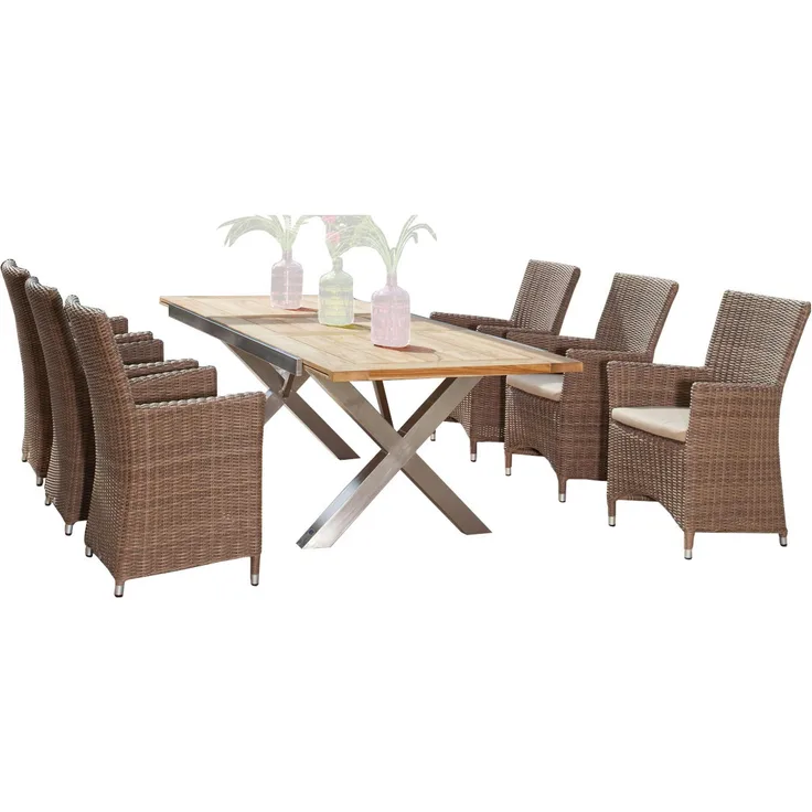 Sonnenpartner 7-teilige Sitzgruppe Ikarus & Spectra 190/250x100 cm Polyrattan rustic-stream Edelstah