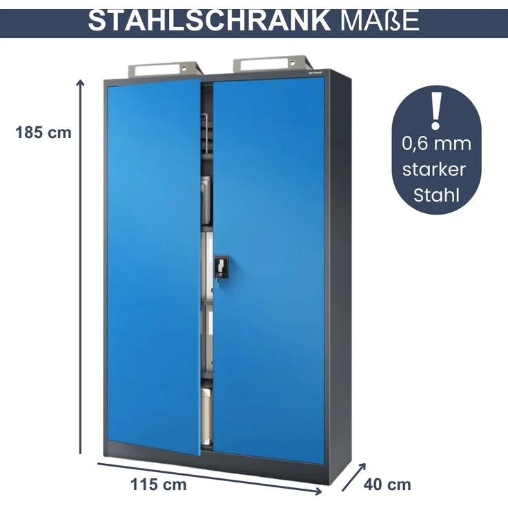 Aktenschrank abschließbar KADO - 5 Ebenen verstellbar, Flügeltüren | Metallschrank Werkstatt Mehrzweckschrank Büroschrank aus Stahl Werkzeugschrank, 185x115x40cm Anthrazit-Blau – Bild 2
