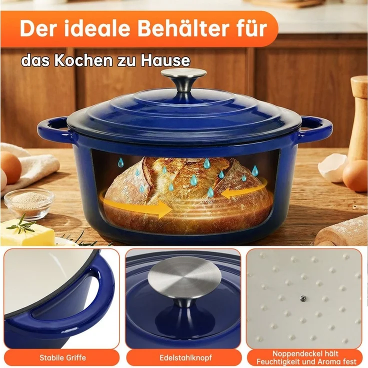 TLGREEN Topf-Set 4‑teiliges emailliertes Gusseisen Topf‑Set, (Ofenfest Kochgeschirr‑Set mit Emaille‑Beschichtung, Induktionsgeeignete Schmortöpfe für Gas‑,Elektro‑ und Glaskeramikherde), gleichmäßige Wärmeverteilung für Braten, Schmoren und Kochen – Bild 4