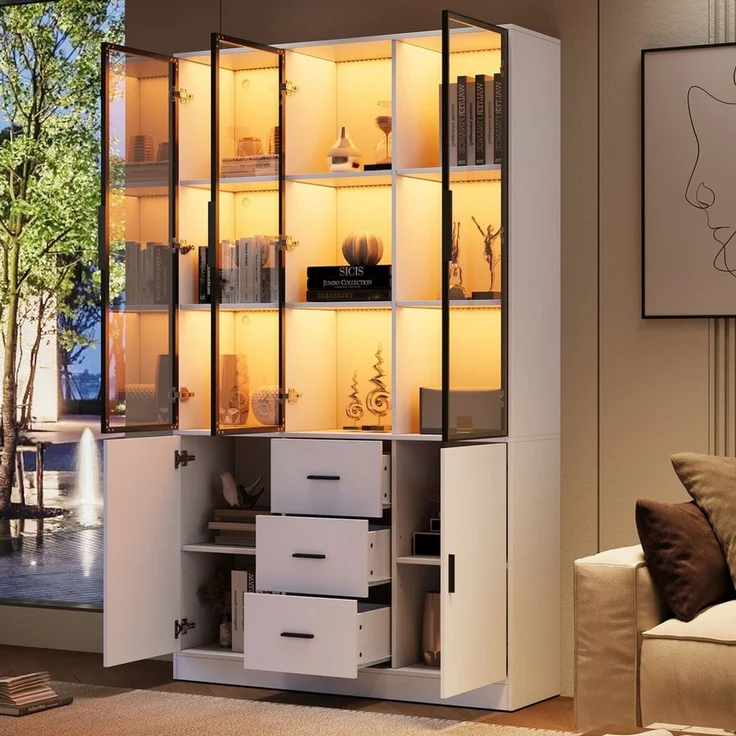 Merax Glasvitrine mit LED Beleuchtung, Highboard mit Glasfront (Bücherregal Sammlervitrine Wohnzimmerschrank, 1-St) Vitrine mit 5 Türen, 3 Schubladen & 13 Fächern, 120x30x200cm – Bild 2