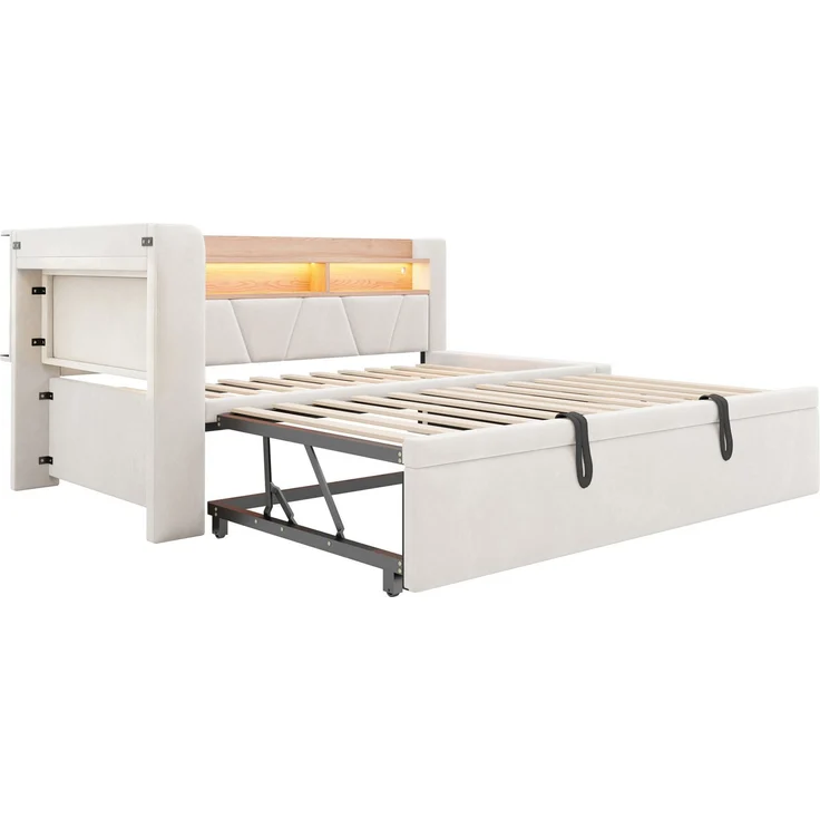 Ausziehbett mit Samtbezug, USB-Anschluss & LED, 90x200 cm, Beige, ohne Matratze – Bild 9