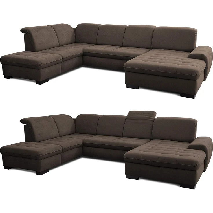 CAVADORE U-Form Lexi mit XXL-Longchair / Inkl. Bett, Bettkasten, Stauraum und Kopfteilfunktion / Leichte Fleckenentfernung dank Soft Clean / 329x82-99x224 / Flachgewebe: Braun – Bild 4