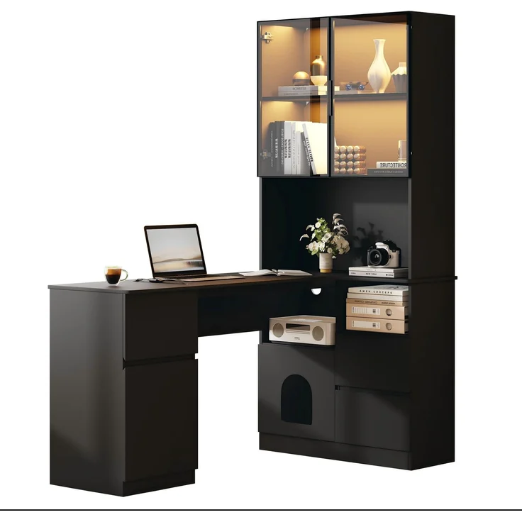 ZUBALIYA Eckschreibtisch mit Regal und LED-Vitrinenschrank 120×80×180 cm – Schreibtisch mit Kabeldurchlass, 3 Schubladen, 2 Türen, offenen Fächern,Ein Eckschreibtisch mit eingebautem Bücherregal,Schwarz – Bild 5