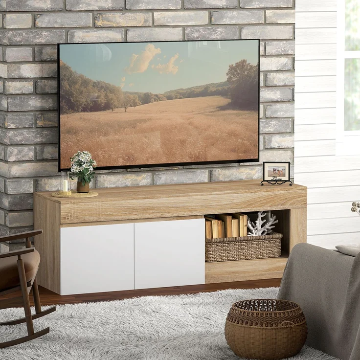2-türiger TV-Schrank für Fernseher bis zu 60 Zoll, TV-Schrank mit Schrank und offenem Regal, Naturholz-Optik – Bild 4