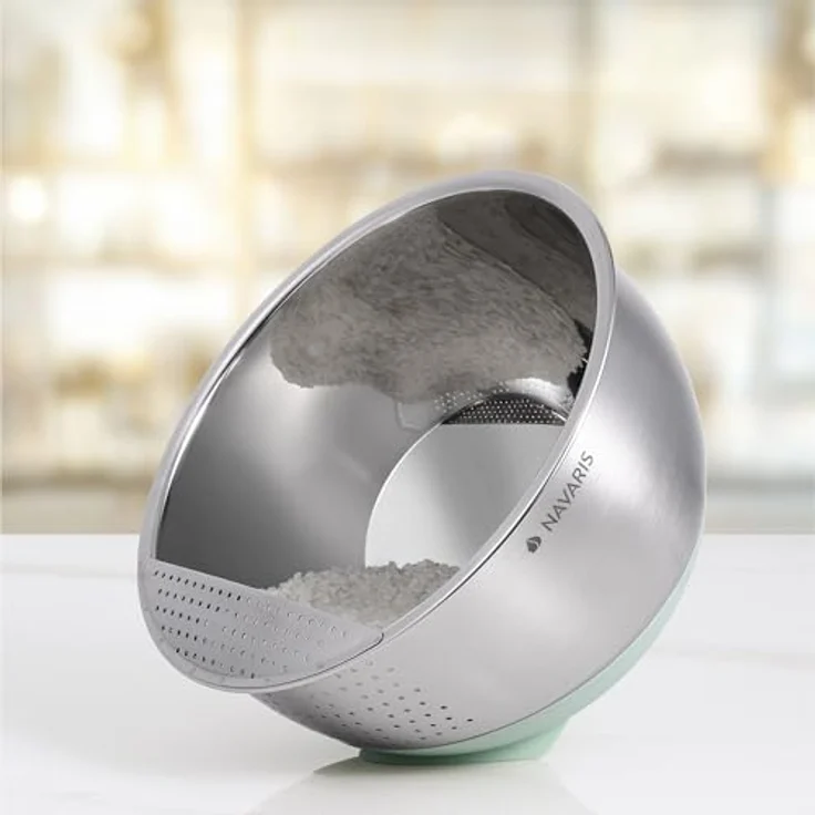 Navaris Seiher Reis Waschschüssel - Sieb Küche - Perfekt zum Waschen von Reis - 22cm, Edelstahl, (1-St) – Bild 2