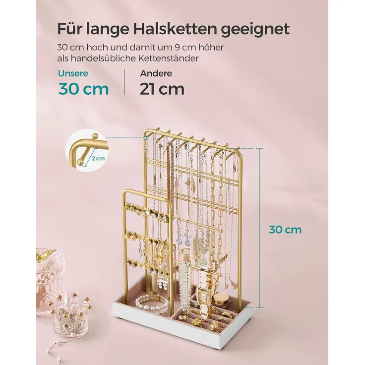 SONGMICS Schmuckständer, Schmuckhalter, Metallrahmen, Schmucktablett Samt, Schmuckaufbewahrung für Halsketten Armbänder Ohrringe Ohrstecker Ringe, Geschenkidee, Weihnachten, goldfarben JJSDE021A01V1 – Bild 7