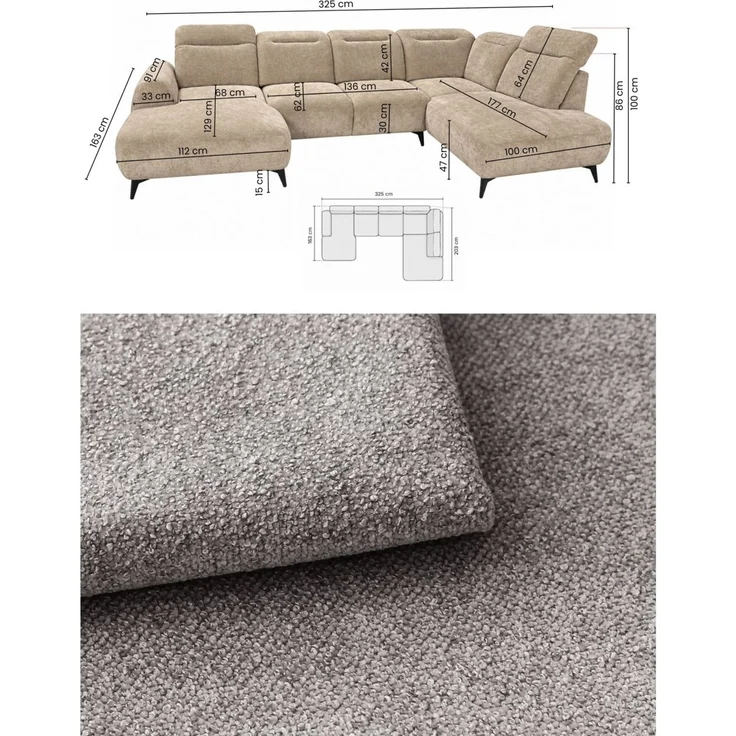 Wohnlandschaft Sofa U-Form ALETTE in Stoff Doha Grau Lange Schenkel Links – Bild 6