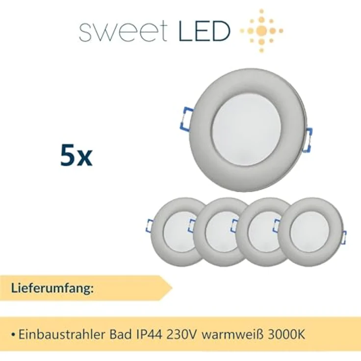 Sweet LED LED Einbaustrahler 5er Set flach IP44 für Bad & Küche 6,5W 230V, LED fest integriert, 3000K - warmweiß, Deckenspots, Deckenstrahler, Einbauleuchten – Bild 7