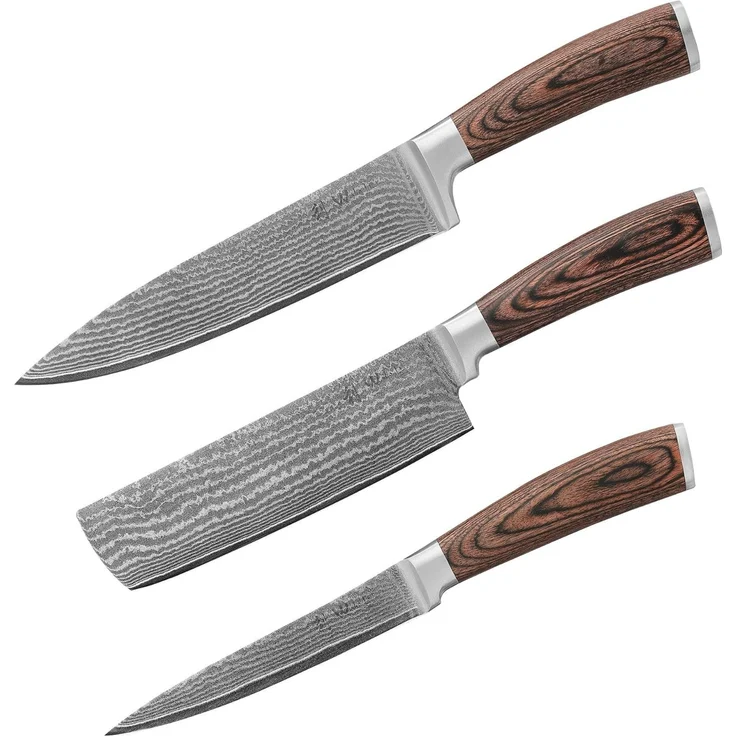 Wakoli Messer-Set 3er Damastmesser Set, Kochmesser Küchenmesser I 12,5 bis 20cm Klingen (Damastmesser mit Geschenkbox, 1-tlg, 1x Santoku, 1x Nakiri), aus 67 Lagen Damaststahl mit Kupfereinlage, VG-10 Stahlkern – Bild 9
