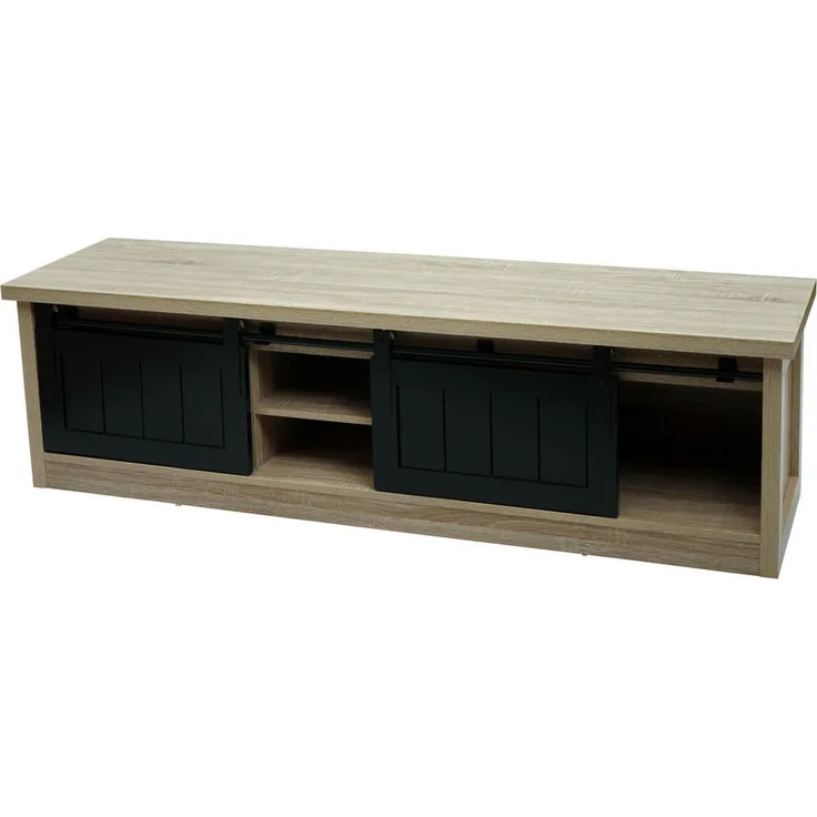 MCW TV-Rack K75, Buche Holz mit 2 Schiebetüren, 4 Fächern, 150x43x40 cm, für Wohnzimmer und Wohnwände