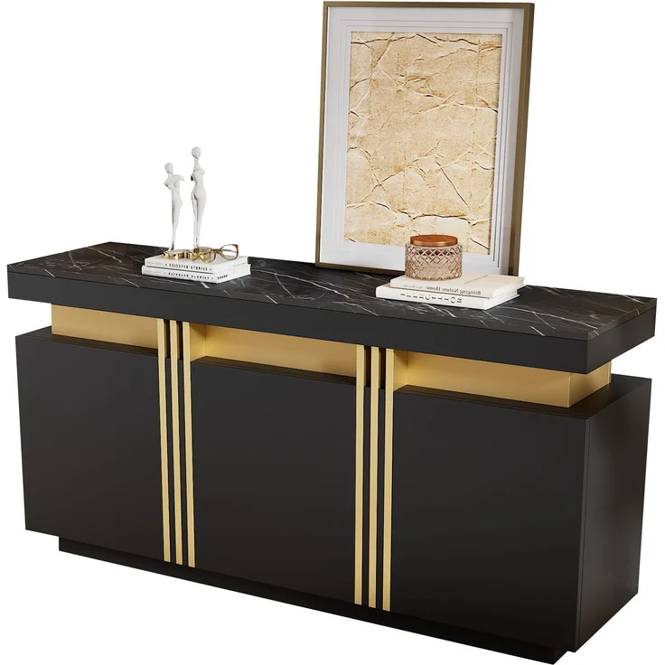 ZUBALIYA Sideboard 140x38x70 cm, mit 3 Türen, aus Spanplatte, Schwarz – Bild 9