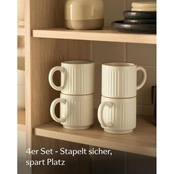 Cosumy Tasse Kaffeetassen Set 4 St. vertikal stapelbar Keramik - Rillenoptik, 4-tlg, Keramik, Vertikal stapelbar, platzsparend, dickwandige Keramik mit Rillenoptik – Bild 2