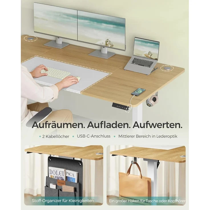 SONGMICS Höhenverstellbarer Schreibtisch elektrisch, 180x80 cm, stufenlos verstellbar, Memory-Funktion mit 4 Höhen, USB-C-Anschluss, natureichenfarben-mattweiß LSD028YD02 – Bild 6