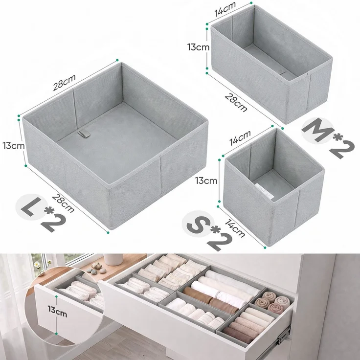 Sekey Aufbewahrungsboxen Set aus Vliesstoff Faltbare Stoffboxen als Organizer für Schrank und Kleiderschrank Hellgrau S(28x28x13cm/14x28x13cm/14x14x13cm) 6 Stück – Bild 10