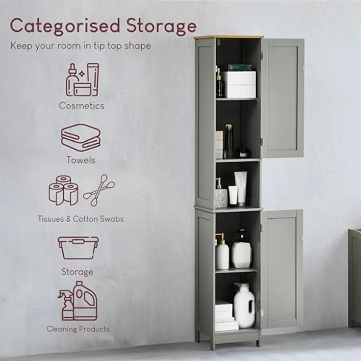Bath Vida Priano Badezimmer Schrank Aufbewahrung Wandschrank Badschrank Freistehend Holzen Hochschrank, Grau, Regale – Bild 5