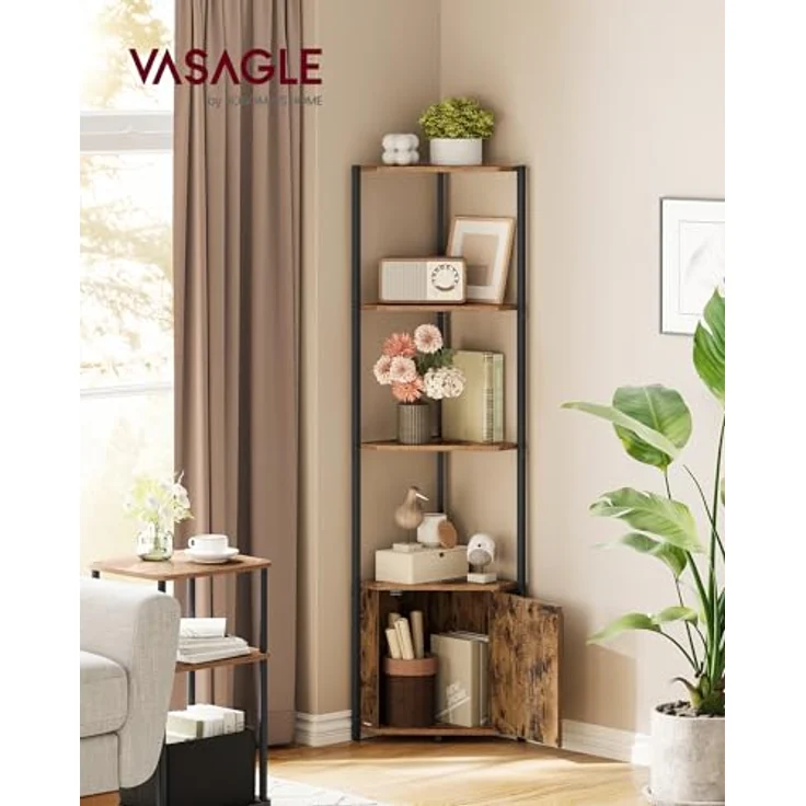 VASAGLE Eckregal mit Stauraum, Standregal, Aufbewahrungsregal mit 5 Ebenen, Regal, für Wohnzimmer, Schlafzimmer, Küche, Badezimmer, vintagebraun-tintenschwarz LBC580K01 – Bild 3