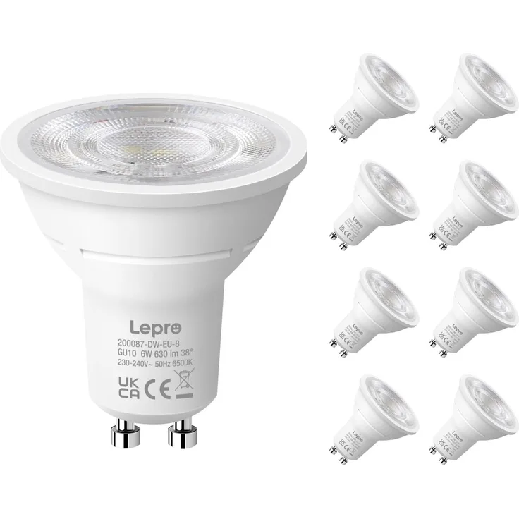 Lepro GU10 LED Kaltweiß 6W Lampe, 6500K Tageslichtweiß, 630 Lumen, 38° Abstrahlwinkel, Nicht dimmbar Reflektorlampe, Energiesparendes GU10 LED Leuchtmittel für Büro, Arbeitszimmer, Flur,8 Stück