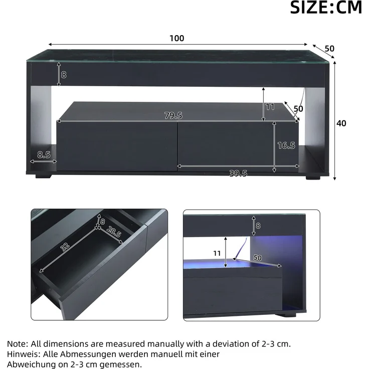 LED Couchtisch Schwarz 100×50×40 cm, Hochglanz Wohnzimmertisch mit Glasplatte, 2 Schubladen, Beleuchtung 16 Farben – Bild 7