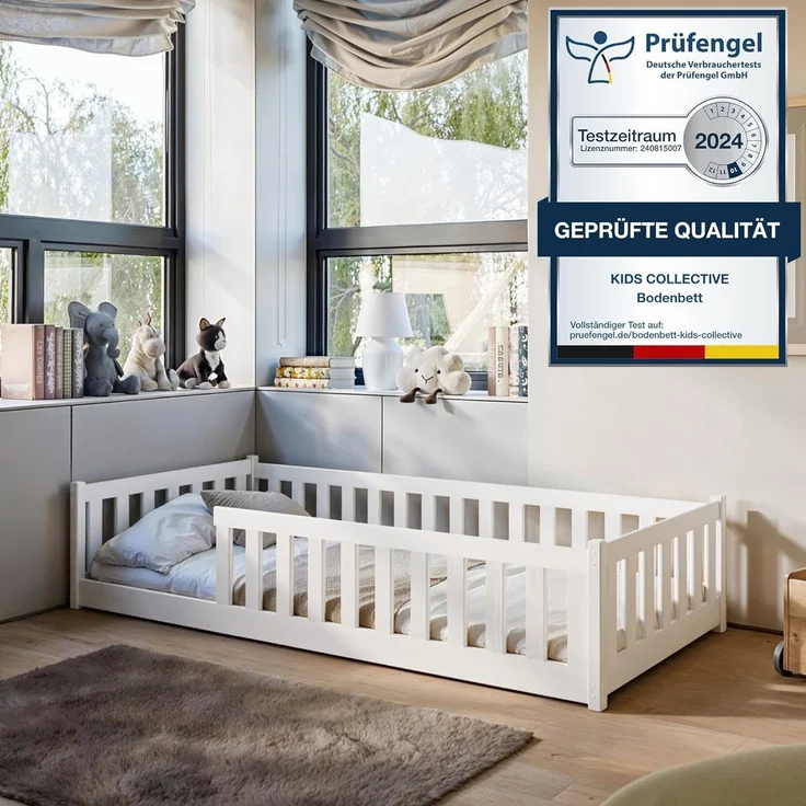 Kids Collective Kinderbett Bodenbett Bett mit Rausfallschutz & Lattenrost Montessori Bett Kinder (weitere Größen 90x200, 120x200, 140x200 cm), Jugendbett Einzelbett mit Matratze, weiß Kiefer 80 x 160 cm – Bild 1