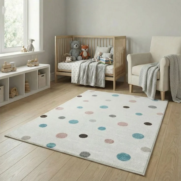 Jimri Kinderteppich DOTS l Pünktchen Gepunktet | Farbe: Beige Blau Rosa | Kinderzimmer/Jugendzimmer (White, 120x170 cm) – Bild 5